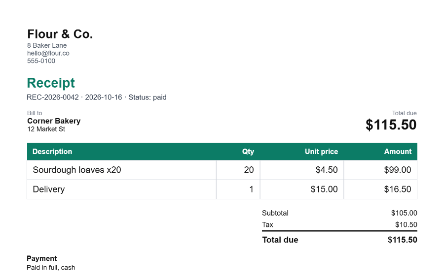 Example of a free online sales receipt made with Invoice Generator: bakery receipt REC-2026-0042 with itemized lines, tax and total